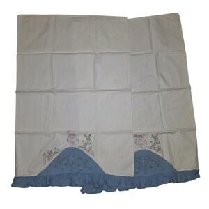 Vintage Hand Painted Embroidered Victorian Lady Pillowcase Pair Blue White Read